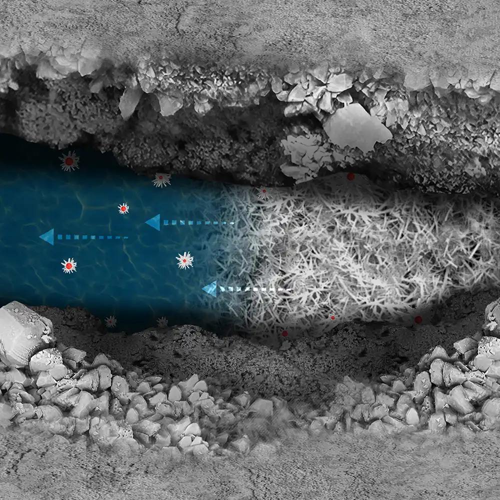 Supershield's active ingredients forming needle-like crystals sealing concrete pores