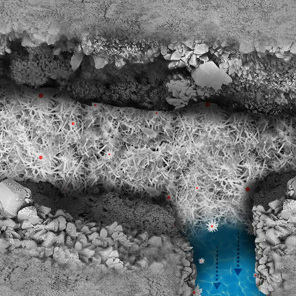 Reactivated crystallization process sealing new cracks in concrete